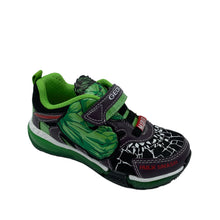 Load image into Gallery viewer, A pair of Geox Bayonic Lights Hulk Trainers in black and green with a light-up feature and a superhero design on the upper.