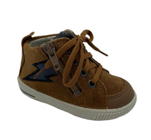 Load image into Gallery viewer, A tan flash Superfit junior shoe with animal print detail, a side zipper, and a flexible sole.
