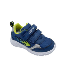 Load image into Gallery viewer, A pair of blue and lime green Geox Sprintye trainers with a breathable footbed and double velcro fastening.