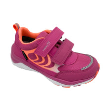 Load image into Gallery viewer, A pink and orange baby toddler sneaker with velcro straps and a breathable gore-tex membrane.