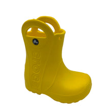 Load image into Gallery viewer, Yellow Crocs Handle It Rain Boot with large handles and reflective heel logos.