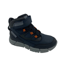 Load image into Gallery viewer, A navy blue and gray Geox Flexyper Waterproof Boot with orange accents and a single Velcro strap, featuring a non-marking rubber sole.