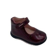 Load image into Gallery viewer, A wine-colored Pablosky Mary Jane shoe with a heart pattern, velcro fastening, and a padded ankle.