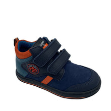 Load image into Gallery viewer, A navy blue Pablosky Pampas Oceano ankle boot with orange and turquoise trim, featuring double velcro straps and a toe bumper.