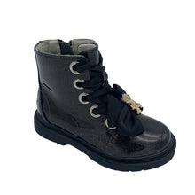 Load image into Gallery viewer, A black ankle boot with ribbon laces and a fuzzy bear charm, featuring a side zip and a patent leather finish.