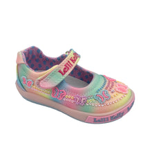 Load image into Gallery viewer, A colorful Lelli Kelly Myla Dolly sparkling shoe with hand stitched beading in a rainbow butterfly design and a removable leather insole, featuring a Velcro fastening and a non-slip rubber sole.