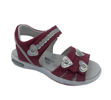 Load image into Gallery viewer, A pink and silver Superfit Emily sandal with heart details and Velcro straps on a white background.