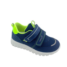 Load image into Gallery viewer, A pair of blue and yellow Superfit Sport7 mini trainers for toddlers, with double velcro straps and a non-slip sole.