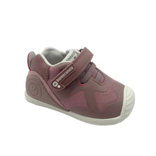 Load image into Gallery viewer, A pink Biomechanics Trainer with a Velcro fastening and a leather insole.