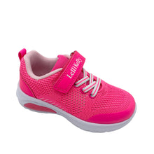 Load image into Gallery viewer, A pink Lelli Kelly Cristal Trainer with single velcro fastening and elastic lace, featuring breathable upper and padding around ankle area, with a lightweight flexible sole.