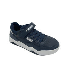 Load image into Gallery viewer, A navy and grey Geox Perth boys sneaker with single velcro fastening and elasticated lace.