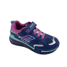 Load image into Gallery viewer, A navy and purple Geox Bayonyc Lights trainer with velcro fastening and elasticated lace.