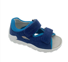 Load image into Gallery viewer, A pair of Superfit Flow Sandals in Royal Blue and Sky Blue colors, featuring a cushioned suede footbed and Velcro fastening across the ankle and toe area.