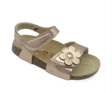 Load image into Gallery viewer, A bronze-colored Superfit girls sandal with soft imitation leather upper, padded leather sole, and two velcro fastenings. It has a flower detail on the toe area.
