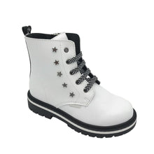 Load image into Gallery viewer, A white leather lace-up boot with star stud detail and a non-slip sole.
