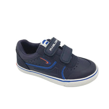 Load image into Gallery viewer, A Pablosky navy and royal blue double strap shoe with a textile upper and leather insole, featuring double velcro fastening and a padded ankle.