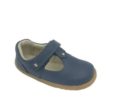 Load image into Gallery viewer, A blue Bobux Louise T-Bar shoe with a non-slip rubber sole, leather upper and lining, and a Velcro strap.