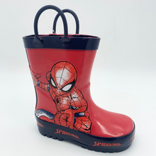 Load image into Gallery viewer, A red rubber wellington boot with a Spiderman character graphic, featuring side handles and a non-slip sole.