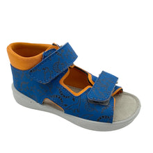 Load image into Gallery viewer, Blue children's sandal with brown interior on a white background
