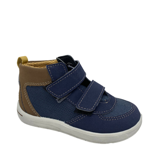 Navy blue children's shoe with brown accents on a white background