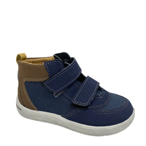 Navy blue children's shoe with brown accents on a white background