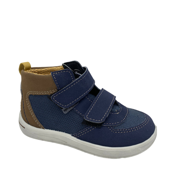 Navy blue children's shoe with brown accents on a white background