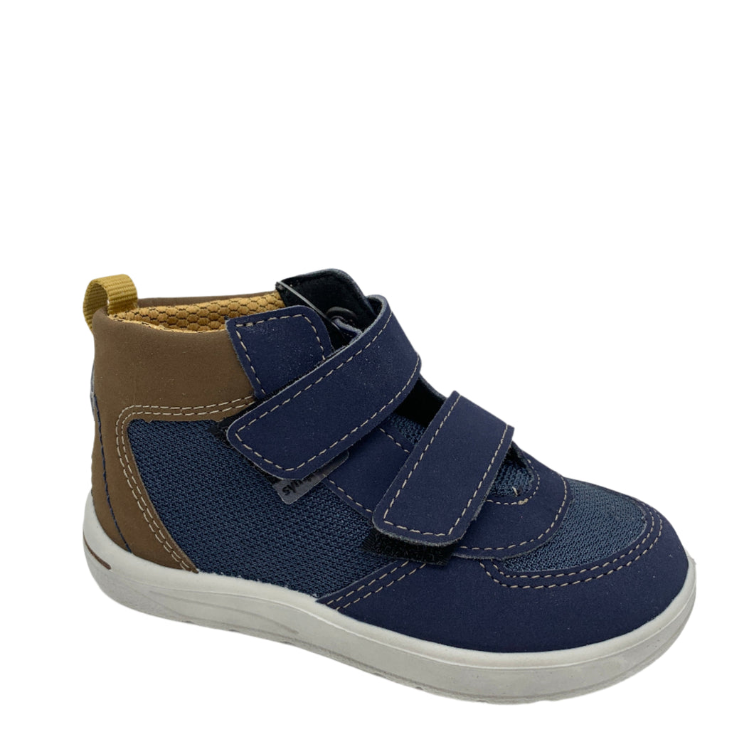 Navy blue children's shoe with brown accents on a white background
