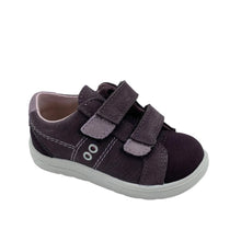 Load image into Gallery viewer, A dark purple toddler shoe with two hook-and-loop straps and a light gray sole, photographed on a white studio background.
