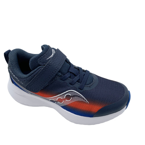 Navy blue running shoe with red accent on a white background