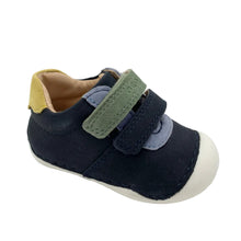 Load image into Gallery viewer, Navy blue children's shoe with a green strap on a white background
