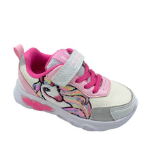 Load image into Gallery viewer, Pink and white children's sneaker with a unicorn design on a light gray background
