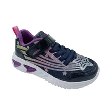 Load image into Gallery viewer, A Geox toddler sneaker in navy blue with purple and silver glittery star details, a pink pull tab, and a white sole, shown on a light gray background.
