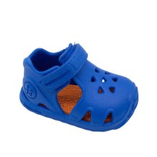 Load image into Gallery viewer, Blue sandal with brown interior on a white background
