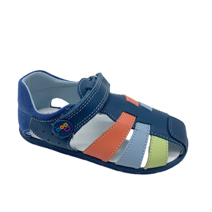 Colorful children's sandal with blue strap on a white background