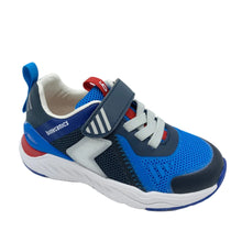 Load image into Gallery viewer, Blue and navy running shoe with white sole on a light gray background
