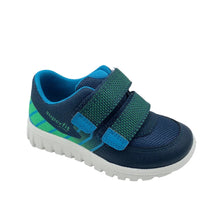 Load image into Gallery viewer, Navy and green children's shoe with velcro straps on a white background
