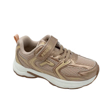 Load image into Gallery viewer, A single children's athletic sneaker in a metallic rose gold and beige colorway, featuring a hook-and-loop strap closure, mesh panels, and a thick white midsole, shown against a plain light gray background.
