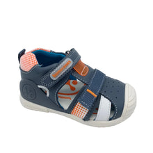Load image into Gallery viewer, Blue children's sandal with orange accents on a white background
