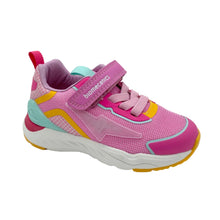 Load image into Gallery viewer, A pink kids' athletic sneaker with a hook-and-loop strap, featuring pink mesh upper, pink and yellow side accents, a light blue heel counter, and a white midsole with a yellow outsole.
