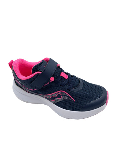 Navy and pink running shoe on a white background