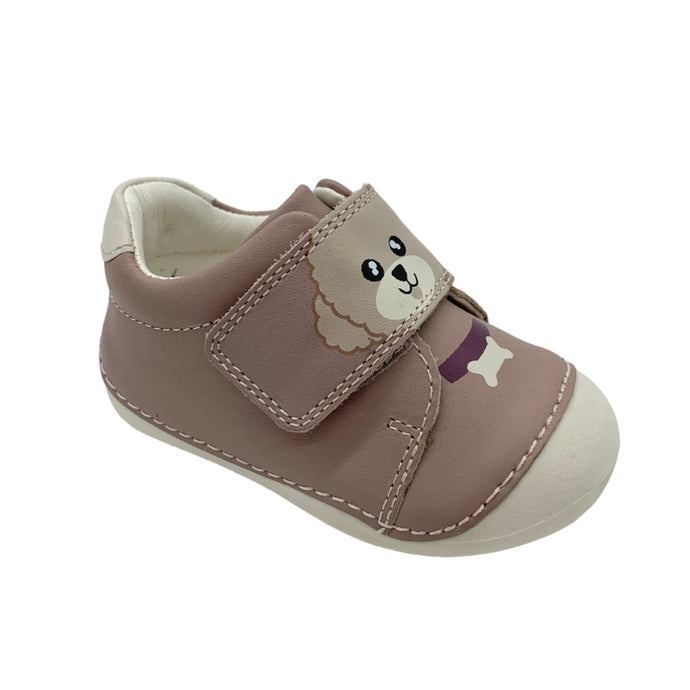Brown children's shoe with a cartoon design on a white background