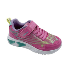 Load image into Gallery viewer, A pink Geox toddler sneaker with a hook-and-loop strap, glittery silver and gold star patterns, a purple collar lining, and a white sole with teal accents.
