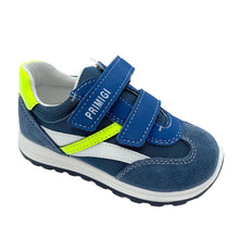 Load image into Gallery viewer, Blue children's shoe with white sole and green accents on a white background
