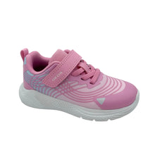 Load image into Gallery viewer, A pink toddler's athletic sneaker with a hook-and-loop strap closure, featuring a white sole and light blue patterned accents on the side.
