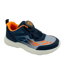Load image into Gallery viewer, Navy and gray sneaker with orange accents on a white background

