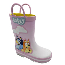 Load image into Gallery viewer, A children's pink and white rain boot featuring Bluey character graphics and a yellow interior lining, set against a plain white studio background.
