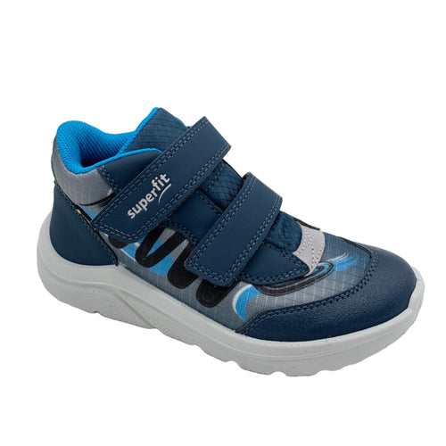 Blue children's shoe with velcro straps on a white background