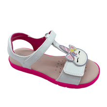 Load image into Gallery viewer, Children's sandal with pink and white design on a light gray background
