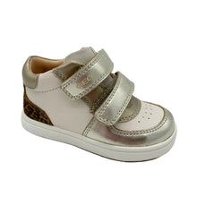 Load image into Gallery viewer, A toddler's metallic gold and beige sneaker with two hook-and-loop straps and a leopard-print heel accent, shown on a light gray background.
