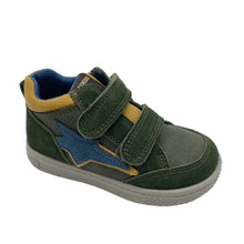 Load image into Gallery viewer, A toddler's low-top sneaker in dark green suede and mesh, featuring a blue star-shaped side accent, tan trim, hook-and-loop straps, and a gray outsole.
